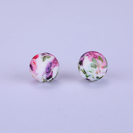 Printed Round with Flower Pattern Silicone Focal Beads SI-JX0056A-157-1