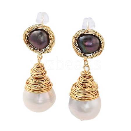 Natural Pearl Dangle Stud Earrings EJEW-P256-17G-1