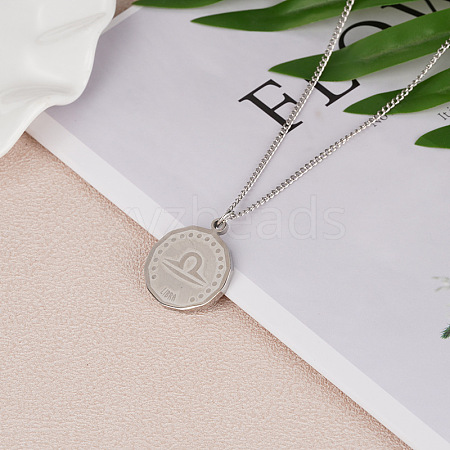 201 Stainless Steel Constellation Coin Pendant Necklace with Alloy Chains ZODI-PW0001-032K-1