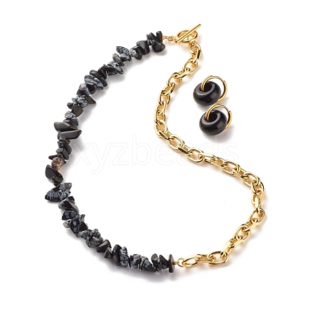 Natural Snowflake Obsidian Chip Beads Jewelry Set SJEW-JS01223-05-1