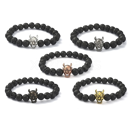 Natural Lava Rock Round & Alloy Devil Beaded Stretch Bracelet for Women BJEW-JB09378-1