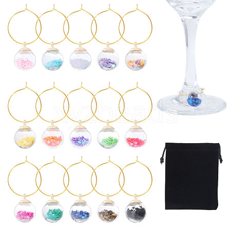 30Pcs 15 Colors Glass Ball with Star Glitter Sequins inside Wine Glass Charms AJEW-GL00001-1