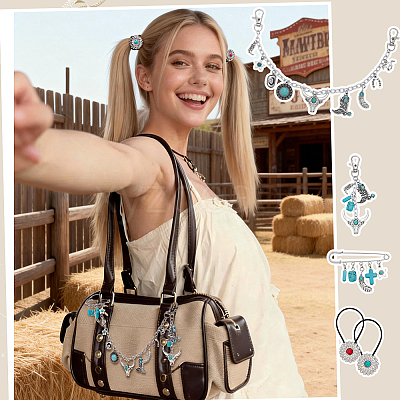 Cowboy Theme Alloy & Synthetic Turquoise & Aluminum Cable Chains Jewelry Sets HJEW-PH02504-1