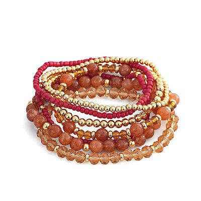 7Pcs 7 Styles Round Glass Seed Beads & Brass & Natural Sunstone & Citrine & Morganite Beads Stretch Bracelets for Women UX1023-1-1