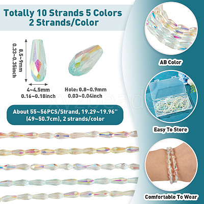 10 Strands 5 Colors AB Color Plated Transparent Glass Teardrop Beads Strands EGLA-TA0013-66-1