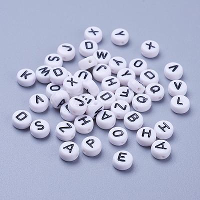 White Chunky Letter Acrylic Flat Round Beads for Kids Jewelry X-OACR-E001-19-1