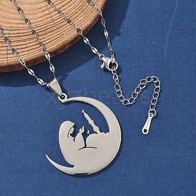 201 Stainless Steel Moon with Woman Pendant Necklaces for Ramadan & Eid Mubarak NJEW-D318-02P-1