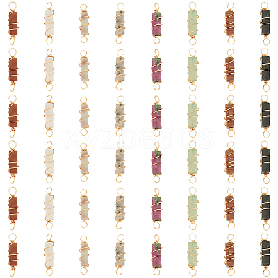 48Pcs 8 Colors Natural Mixed Gemstone Brass Wire Wrapped Column Connector Charms PALLOY-HY00042-1