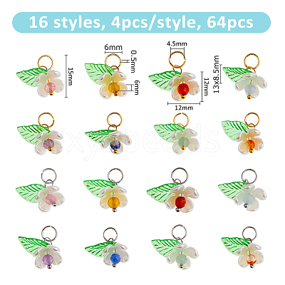 64Pcs 16 Styles Natural Mixed Gemstone Flower Charms PALLOY-FH00140-1