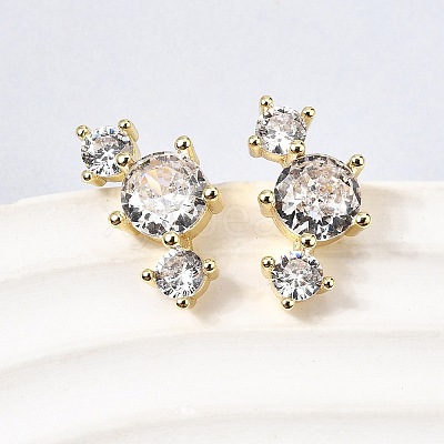 Flat Round Brass Micro Pave Clear Cubic Zirconia Stud Earrings EJEW-C186-03G-1