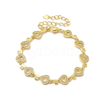 Clear Cubic Zirconia Hollow Heart Key Link Chain Bracelet BJEW-A132-14G-1