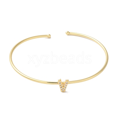Rack Plating Brass Micro Pave Clear Cubic Zirconia Letter Open Cuff Bangles BJEW-A018-01G-V-1