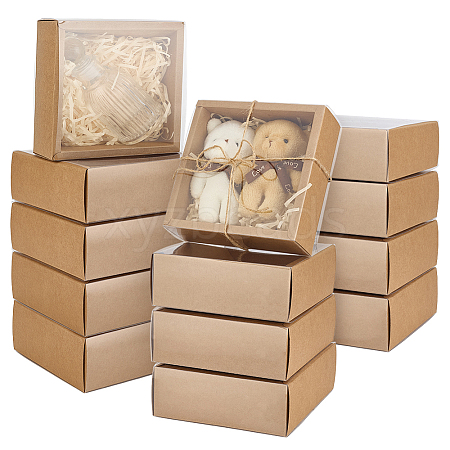 Square Folding Cardboard Kraft Paper Packing Drawer Boxes with Clear Plastic Cover CON-WH0100-57A-1