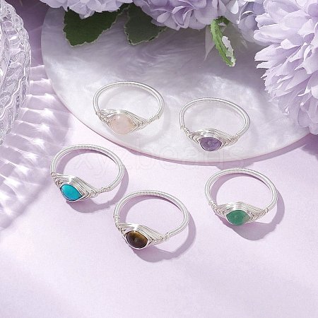 Horse Eye Natural Green Aventurine & Tiger Eye & Amethyst & Rose Quartz & Synthetic Turquoise Finger Rings RJEW-JR00842-02-1