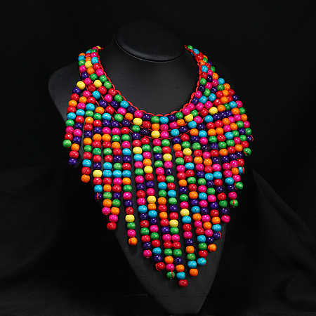 Bohemian Style Round Wood Beaded Multilayer Bib Necklaces for Women WG93846-09-1