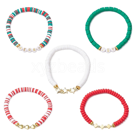 5Pcs 5 Styles Polymer Clay & Acrylic Beaded Stretch Bracelets BJEW-JB11071-1