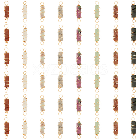 48Pcs 8 Colors Natural Mixed Gemstone Brass Wire Wrapped Column Connector Charms PALLOY-HY00042-1