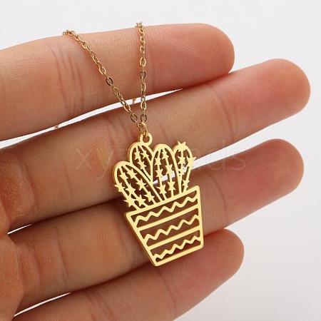 304 Stainless Steel Cutout Cactus Potted Plant Pendant Necklaces for Women WGA529A-03-1