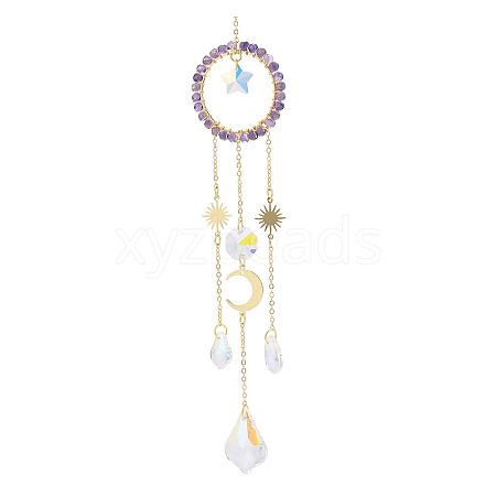 Natural Amethyst Woven Net/Web with Feather Window Hanging Suncatchers HJEW-JM00852-03-1