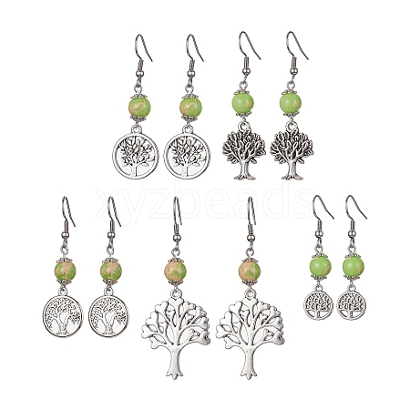 Alloy Tree of Life & Synthetic Imperial Jasper Beads Dangle Earrings EJEW-JE05405-1