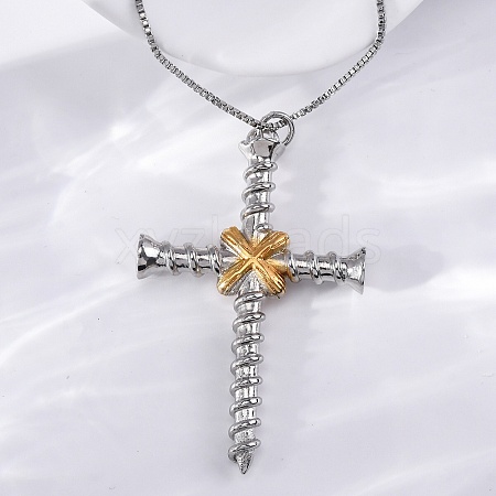 Brass Screw Cross Pendant Box Chain Necklaces for Women Men NJEW-C067-06P-1