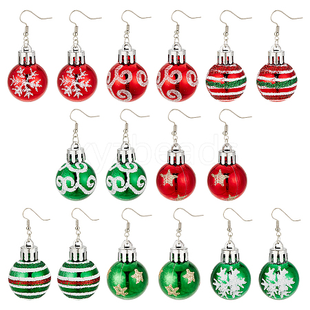 ANATTASOUL 8 Pairs 8 Style Christmas Themed Resin Round Ball Dangle Earrings EJEW-AN0002-34-1