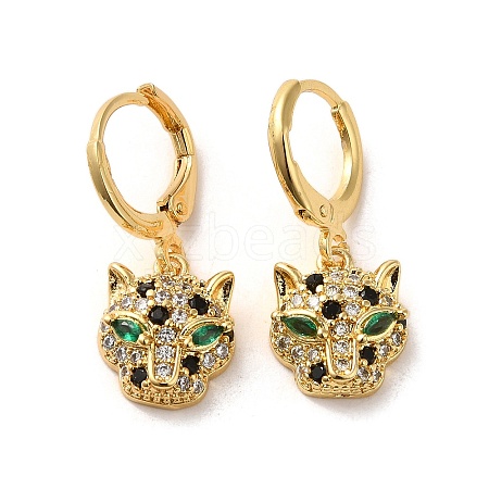 Leopard Head Brass Dangle Leverback Earrings EJEW-Q797-05B-G-1