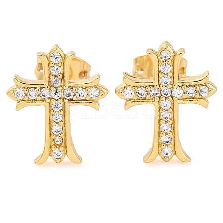 Rack Plating Cross Brass Pave Clear Cubic Zirconia Stud Earrings EJEW-S245-01G-D-1