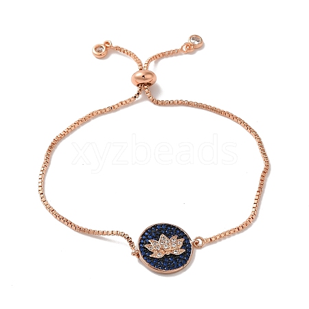 Rack Plating Brass Micro Pave Clear & Dark Blue Cubic Zirconia Box Chain Lotus Flower Link Slider Bracelets BJEW-G716-01RG-1