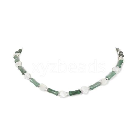 Natural Shell Heart & Green Aventurine Bamboo Beaded Necklace NJEW-TA00123-1