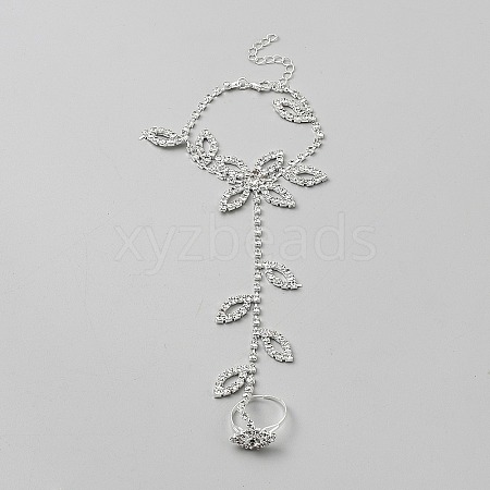 Brass Rhinestone Link Chain Finger Ring Bracelets for Women AJEW-WH20121-31-1