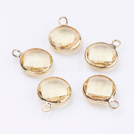 Golden Tone Brass Glass Flat Round Charms GLAA-M003-A-14G-1