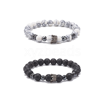 2Pcs 2 Style Natural Lava Rock & Synthetic Howlite & Hematite Stretch Bracelets Set with Alloy Crown BJEW-JB08482-1