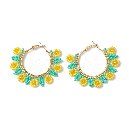 Glass Seed Beads Sunflower Hoop Earrings EJEW-MZ00220-1