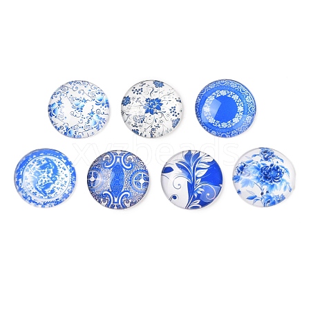 Blue and White Floral Printed Glass Cabochons GGLA-A002-25mm-XX-1