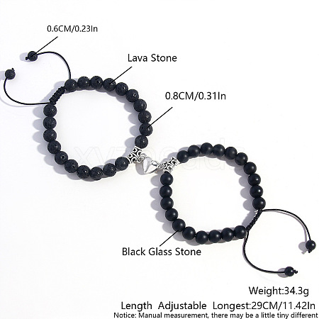 2 Pcs Synthetic Black Stone & Lava Rock Couple Bracelets with Heart Magnetic Attraction EH4505-4-1