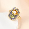 Flower Pattern Brass Enamel & Natural Freshwater Pearl Open Cuff Rings for Women RJEW-G342-01G-01-2