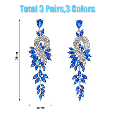 3 Pairs 3 Colors Sparkling Rhinestone Leafy Branch Dangle Stud Earrings EJEW-FI0001-90-1