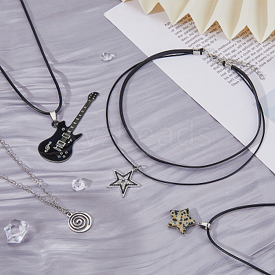 4Pcs 4 Style Star & Guitar Natural Dalmatian Jasper & Alloy Pendant Necklaces Set with Waxed Polyester Cords NJEW-FI0001-16-1