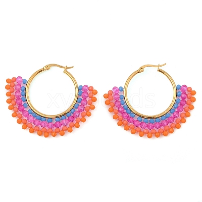 304 Stainless Steel & Bohemian Beaded Fan Hoop Earrings for Women EJEW-R001-01G-05-1