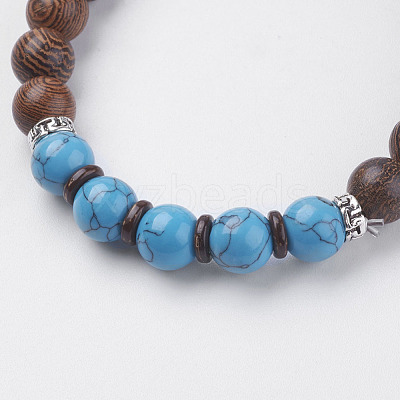 Natural Lava Rock & Wenge Wood Beads & Coconut Stretch Bracelets BJEW-I241-03C-1