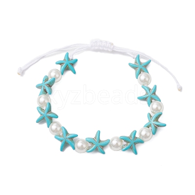 Starfish Synthetic Turquoise & Acrylic Pearl Braided Bead Bracelets for Women BJEW-JB11263-01-1