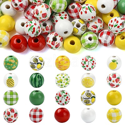 100Pcs 10 Styles Fruit Printed Wood European Beads WOOD-YW0001-86-1