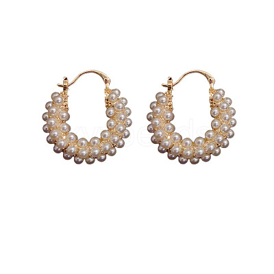 Flat Round Alloy Plastic Imitation Pearl Hoop Earrings FS-WG2046F-01-1
