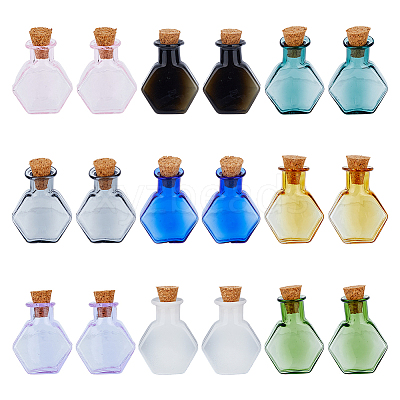 18Pcs 9 Colors Hexagon Dollhouse Miniature Glass Cork Bottles Ornament AJEW-DC0001-11-1