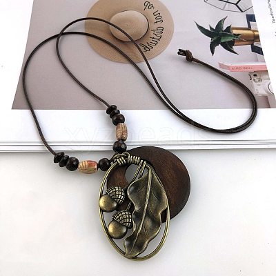 Bohemian Wood Donut Alloy Pendant Long Necklaces for Women FS-WGBD296-01-1
