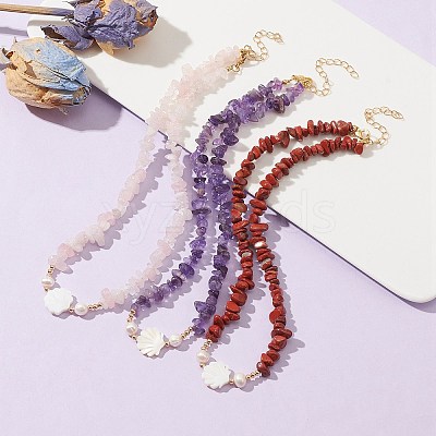 Natural Mixed Gemstone & Pearl & Shell Beaded Chains Necklace NJEW-JN04346-1