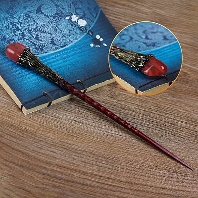 Synthetic Watermelon Stone Glass Magic Wand with Wooden Findings PW-WG44227-13-1