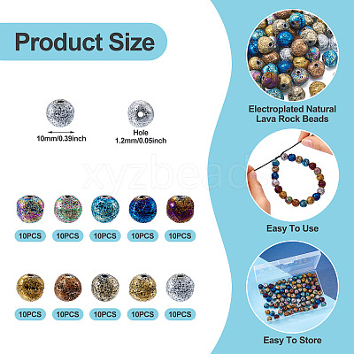 100Pcs 10 Colors Electroplated Natural Lava Rock Beads Strands G-PJ0001-03C-1