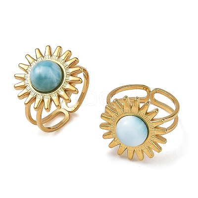 Natural Larimar Cabochons & Stainless Steel Cuff Open Rings RJEW-JR01090-01-1